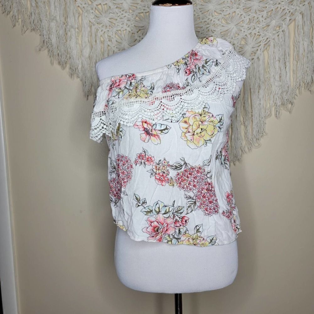 Angie One Shoulder Lace Floral Top White Yellow Pink Size Small